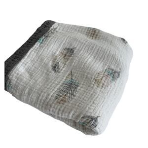 Boho Feather Muslin Baby Blanket Gray Trim 32x34 LifeTree Swaddle Unisex Nursery